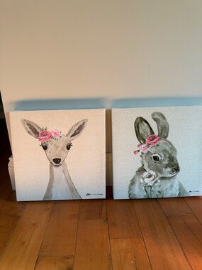 Floral Deer and Bunny Canvas Pair - Pink Accent Animal Wall Art